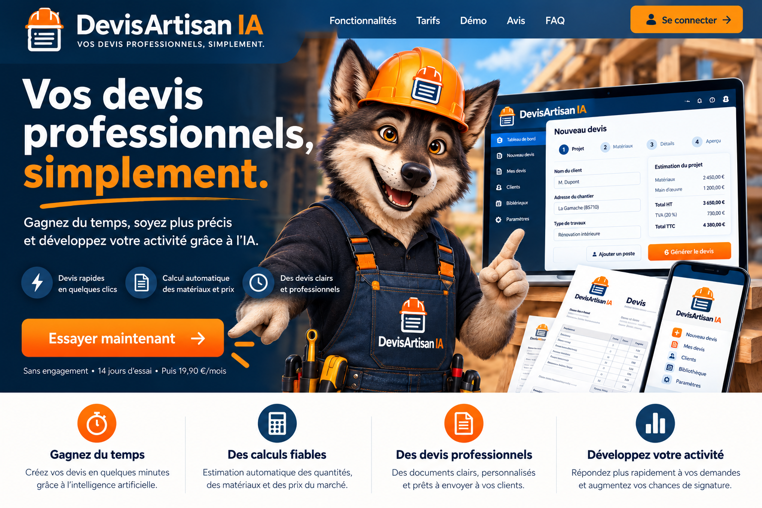 DevisArtisan IA : logiciel de devis pour artisans, présenté par notre mascotte loup.